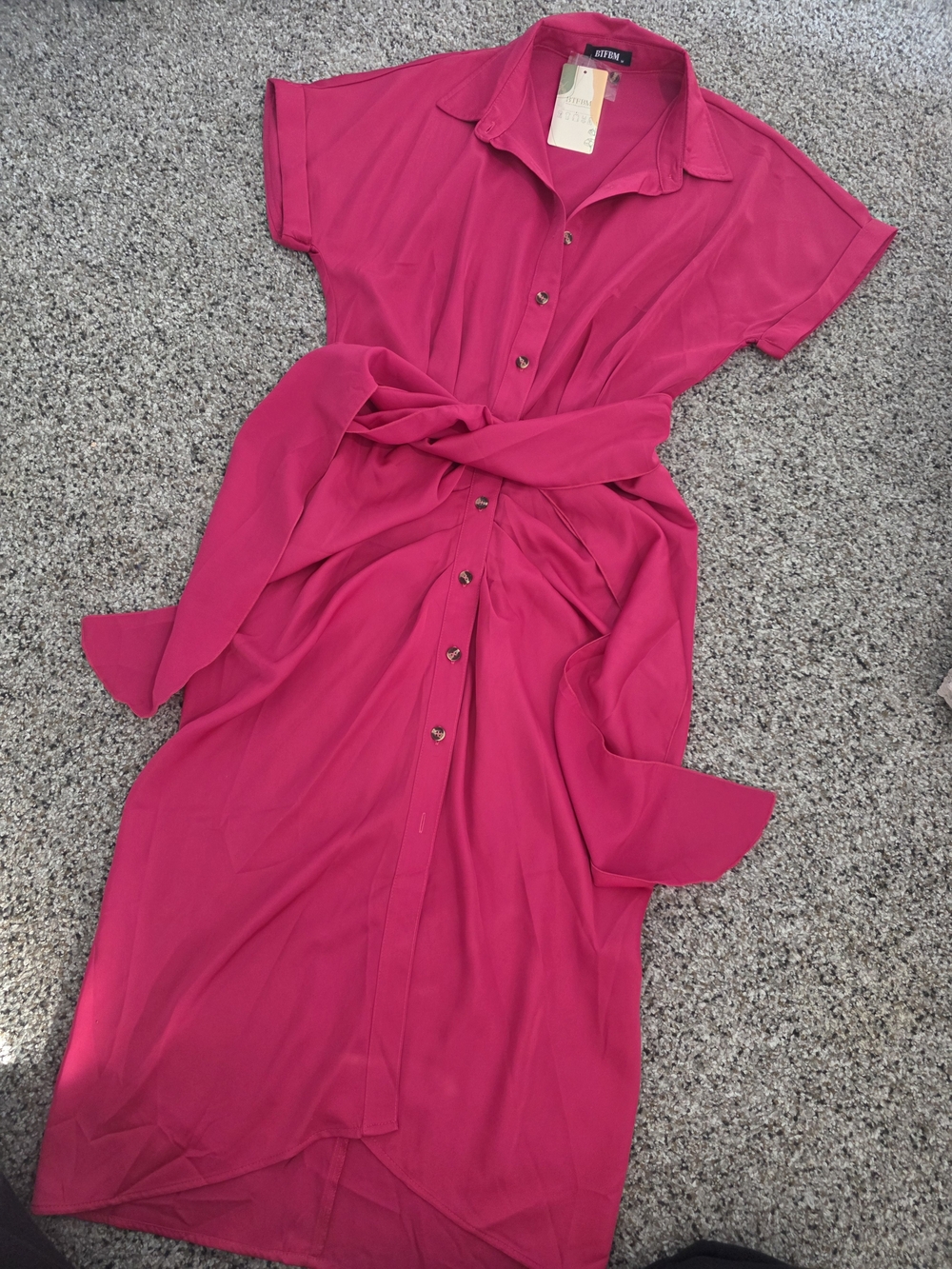 Button-Front Hot Pink/ Fuchsia Shirt Dress with Waist Tie